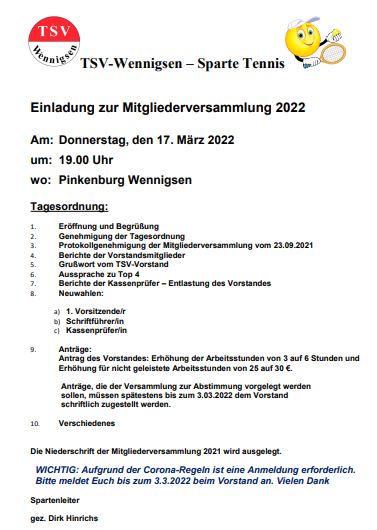 Mitgliederversammlung Einladung Sparte Tennis 2022